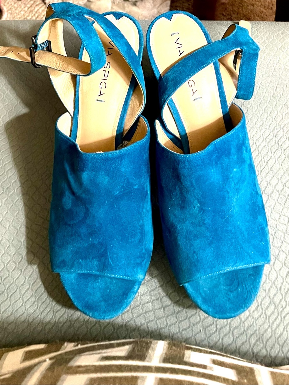 Via Spiga Teal Suede Open-Toe Slingback Mules